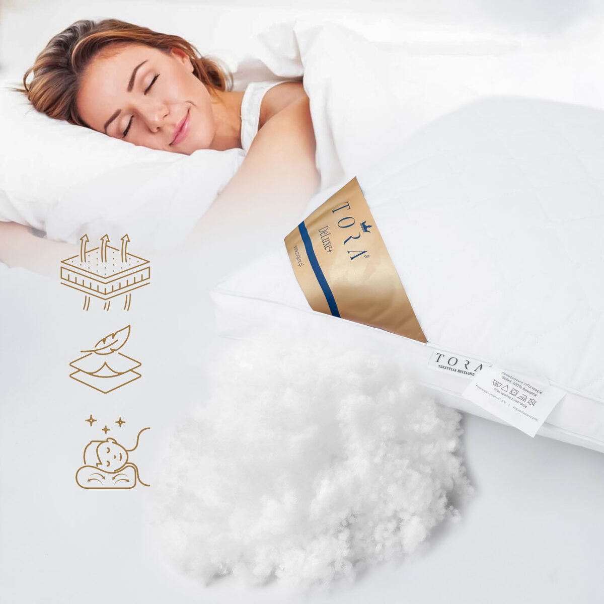 Poduszka hotelowa TORA DeLuxe+ – przewiewność i miękkie wypełnienie Śpiąca kobieta na poduszce TORA DeLuxe+ – przewiewne wypełnienie