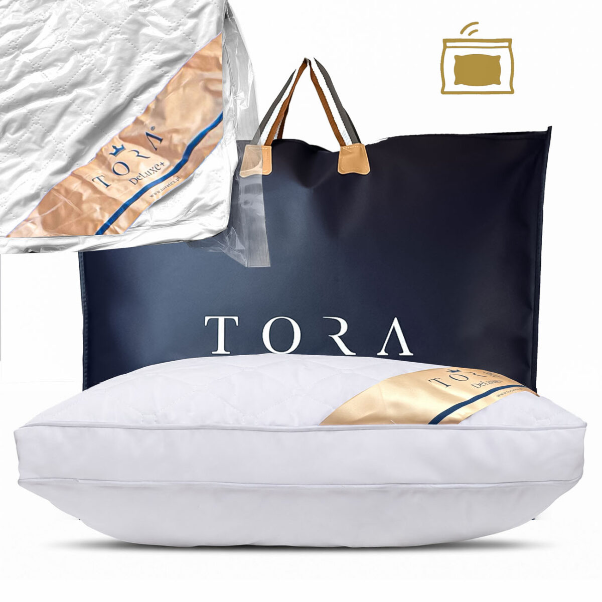 Poduszka hotelowa TORA DeLuxe+ – opakowanie ochronne i transportowe Poduszka hotelowa TORA DeLuxe+ w opakowaniu foliowym i torbie TORA