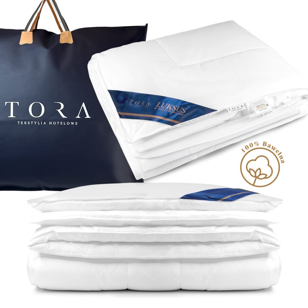 Kołdra hotelowa 200×220 biała 250GSM SUPREME z oznaczeniem 100% bawełna