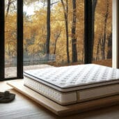 zen bedroom interior, minimal decor, soft lighting, floor mattre