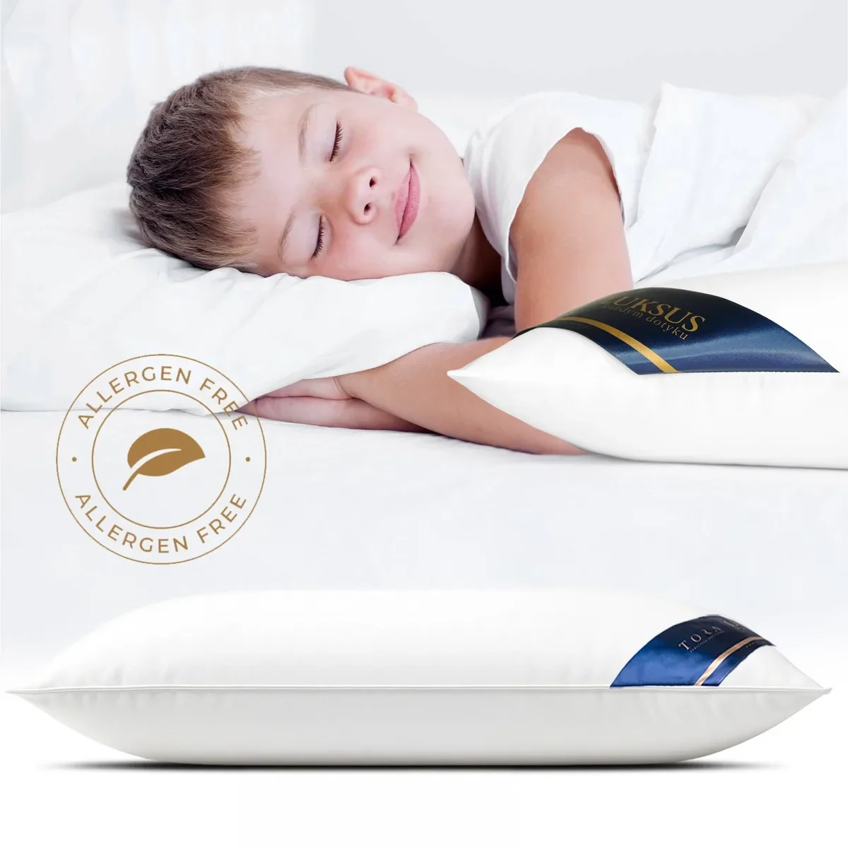 Chłopiec śpiący spokojnie na poduszce hotelowej CLASSIC 1200g 70×80 TORA Luksus z certyfikatem Allergen Free