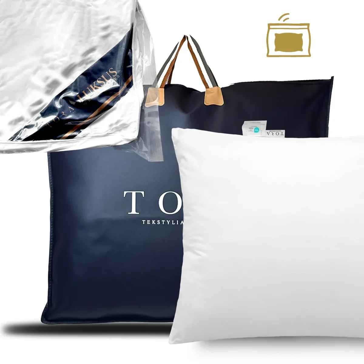 Poduszka hotelowa CLASSIC 1200g 70×80 TORA Luksus w granatowej torbie firmowej z ikoną łatwego prasowania