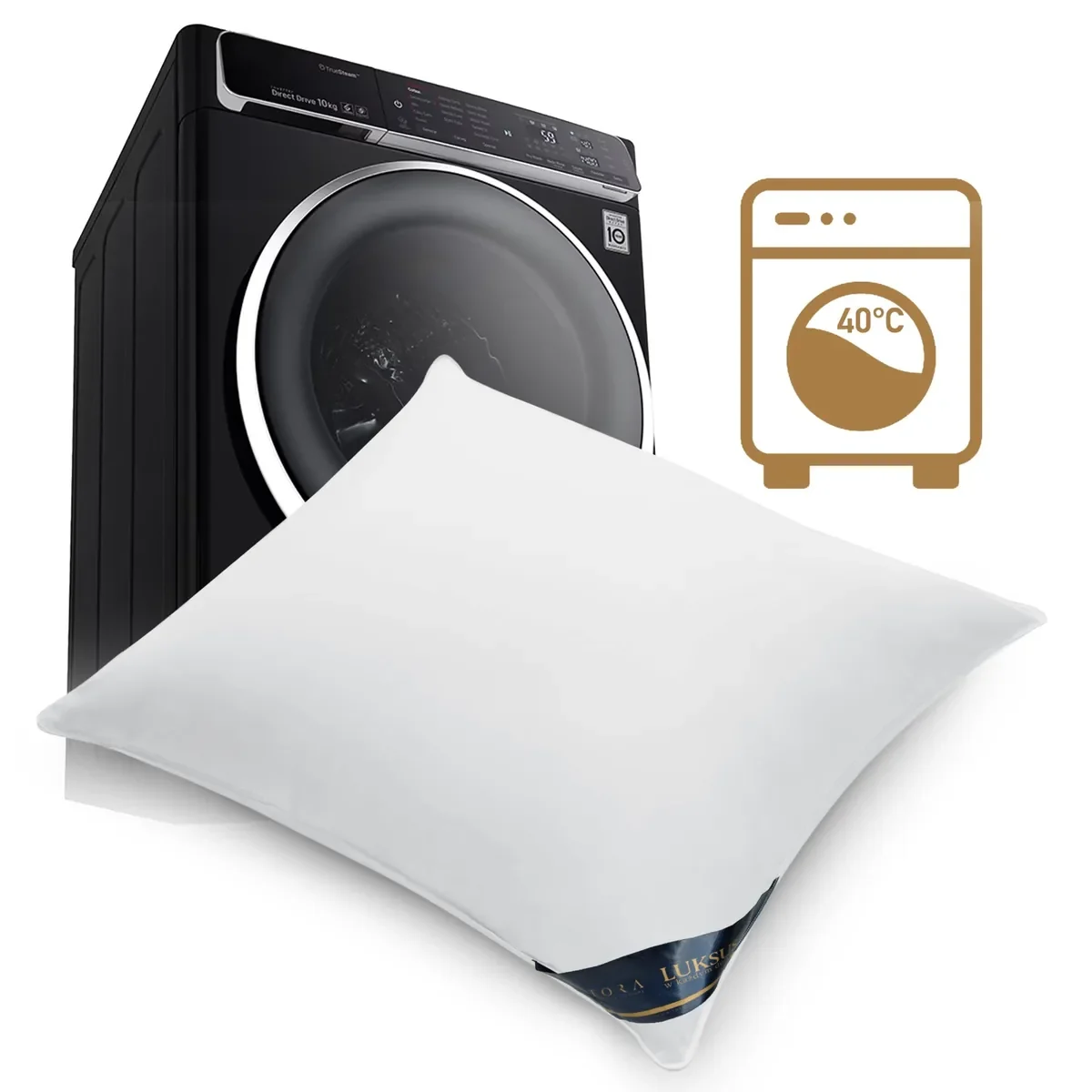 Poduszka hotelowa CLASSIC 1200g 70×80 TORA Luksus obok pralki z symbolem prania w 40 stopni